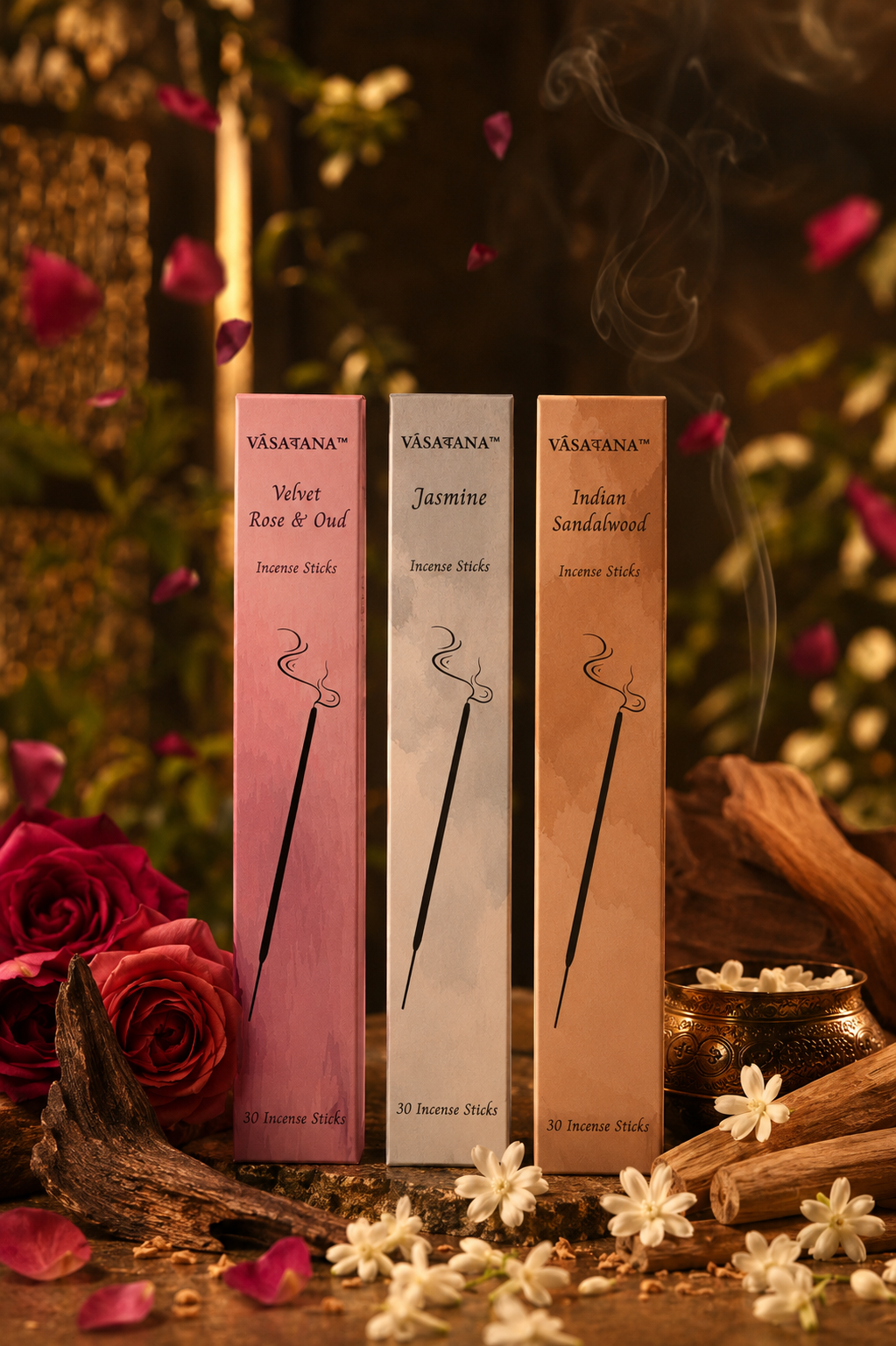 Vasaवana Assorted Incense — 3-Pack (Rose, Jasmine & Sandalwood)